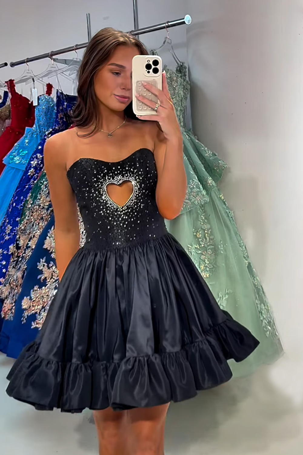 Sparkly Black Satin Keyhole Short Homecoming Dress with Beading