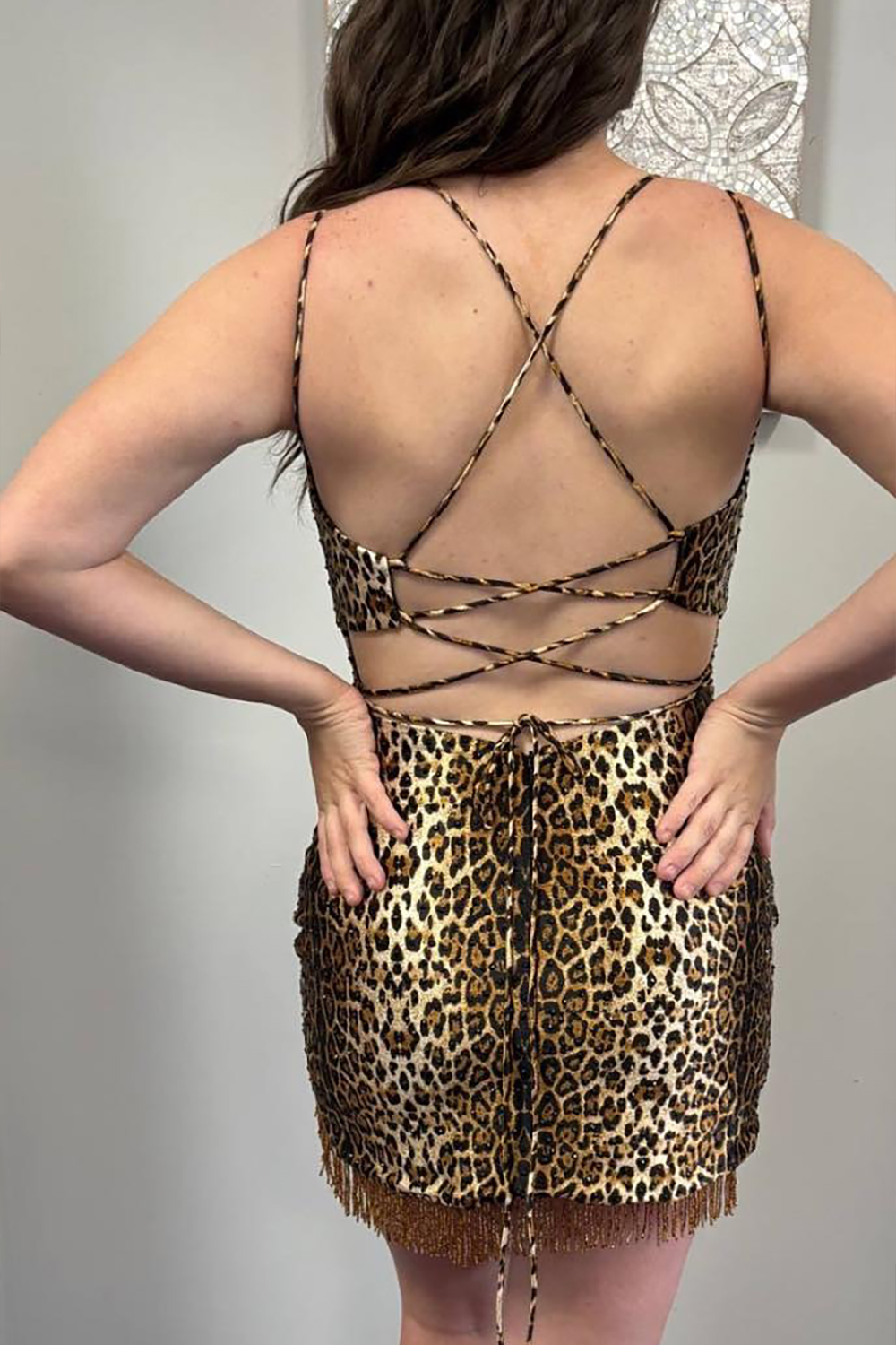 Brown Leopard Tight Short Homecoming Dress with Fringe