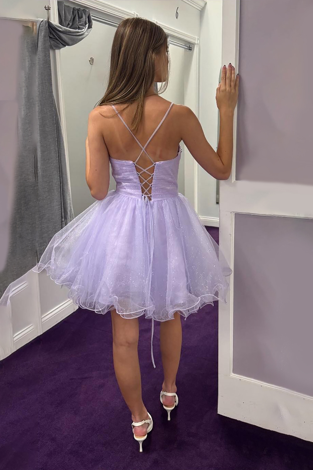 Glitter Lilac Tulle Ruffled A Line Short Homecoming Dress with Beading