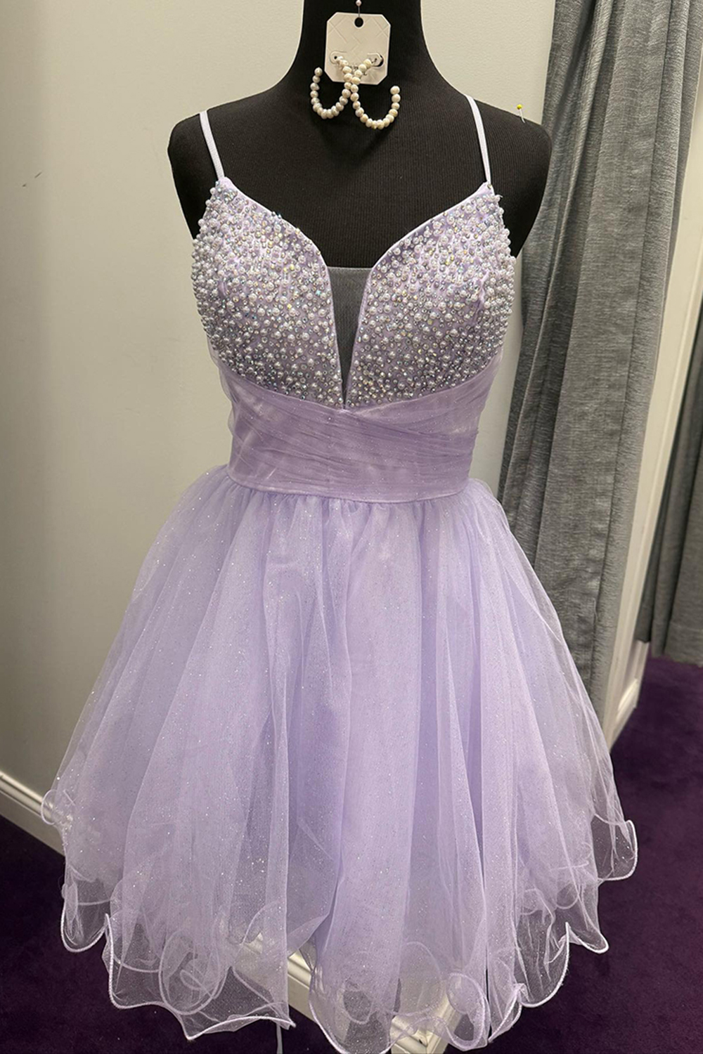Glitter Lilac Tulle A Line Short Homecoming Dress with Beading