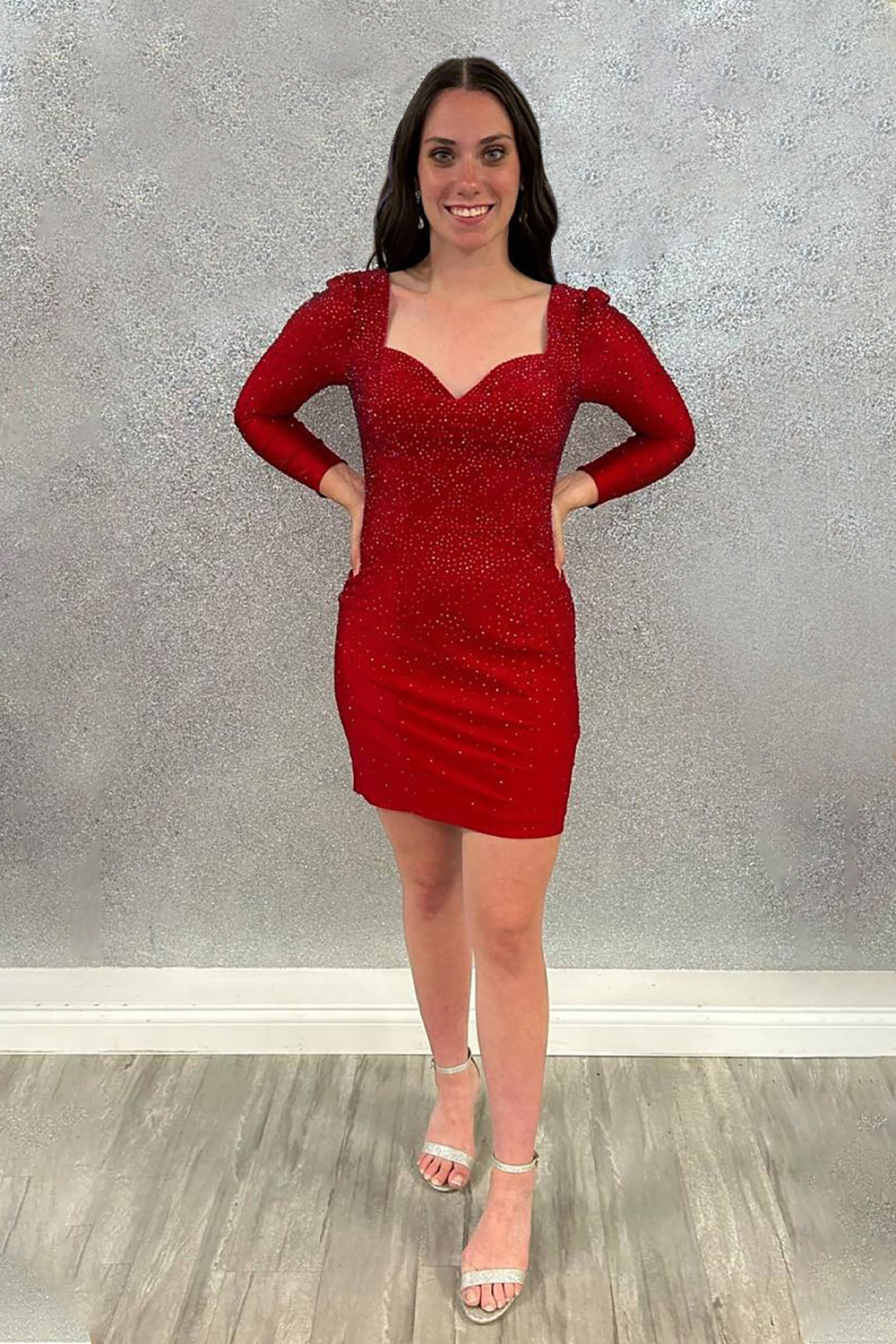 Sparkly Red Tight Beaded Short Homecoming Dress with Sleeves