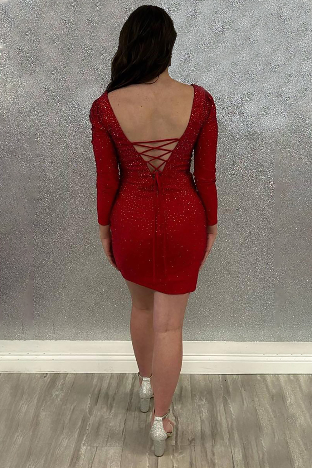 Sparkly Red Tight Beaded Short Homecoming Dress with Sleeves