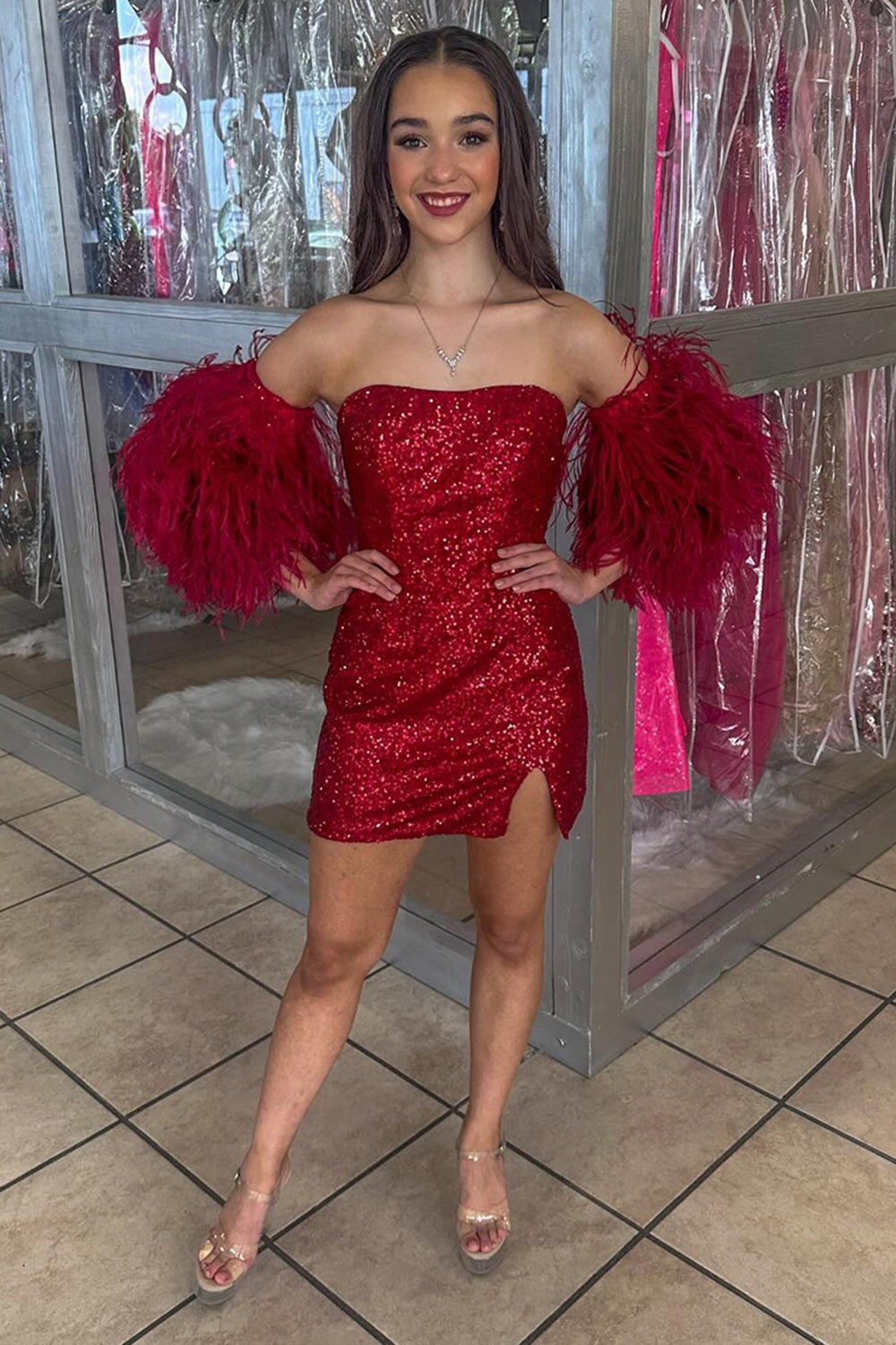 Sparkly Burgundy Tight Sequins Short Homecoming Dress with Feathers