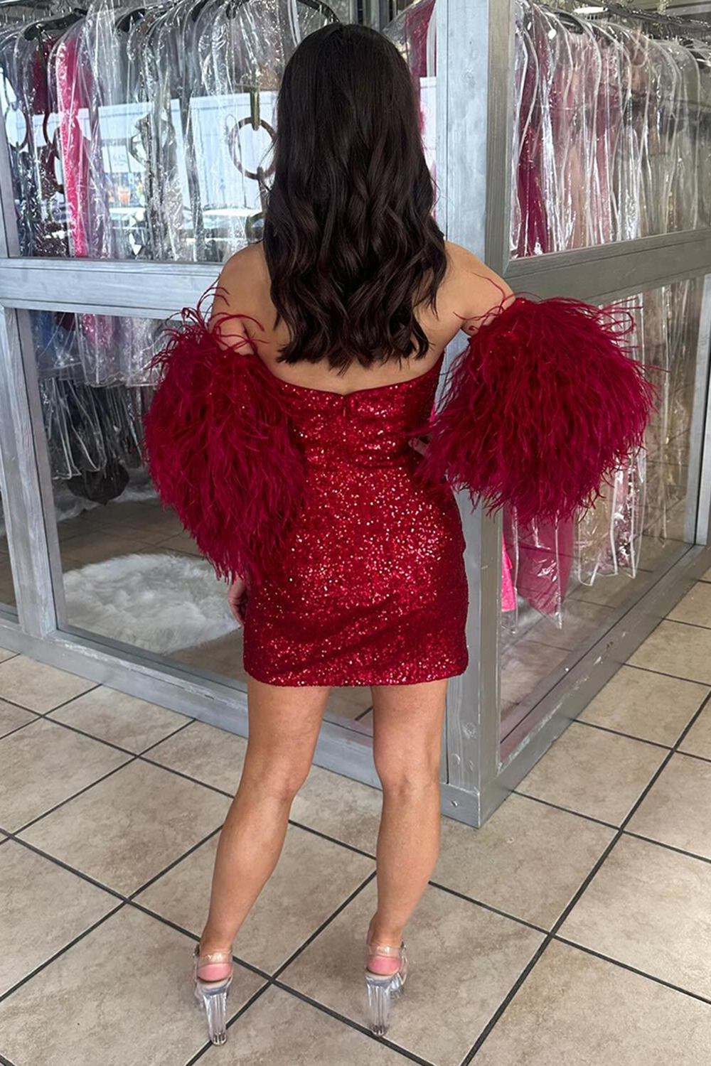 Sparkly Burgundy Tight Sequins Short Homecoming Dress with Feathers
