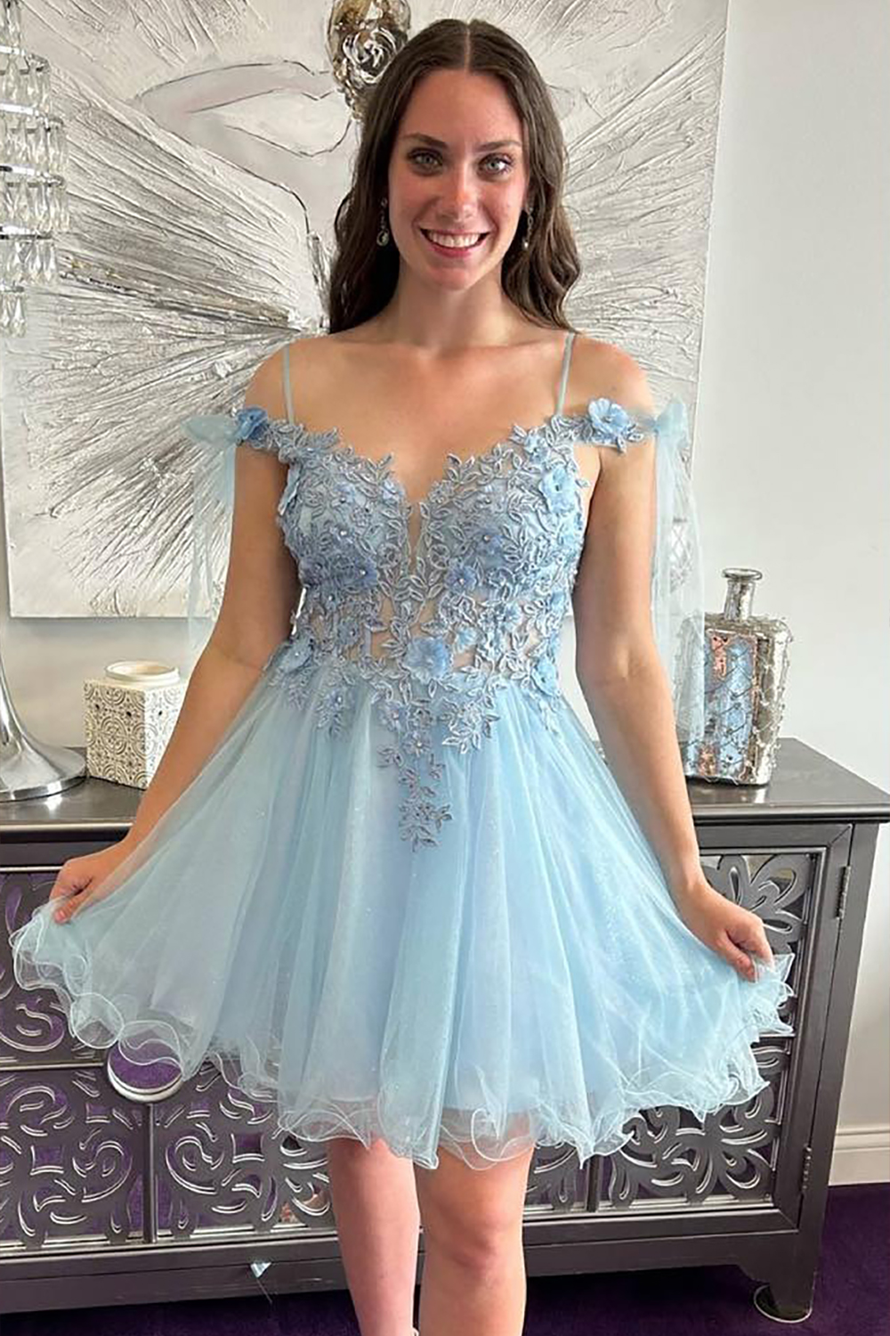 Light Blue Floral Ruffled Cold Shoulder Short Homecoming Dresses with Lace