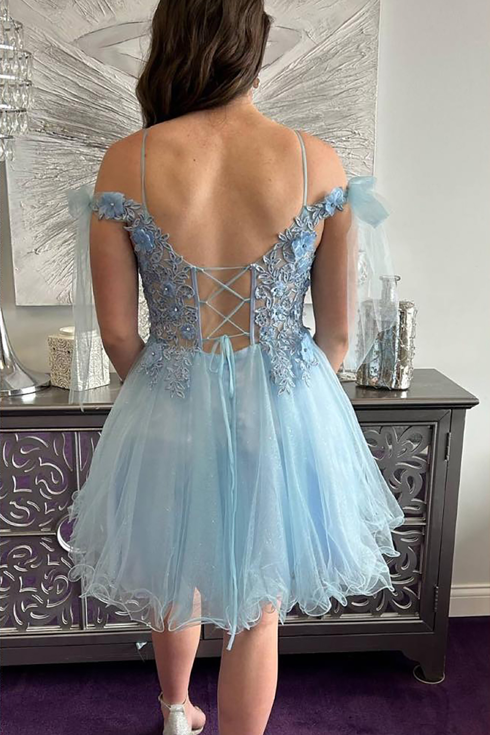 Light Blue Floral Ruffled Cold Shoulder Short Homecoming Dresses with Lace