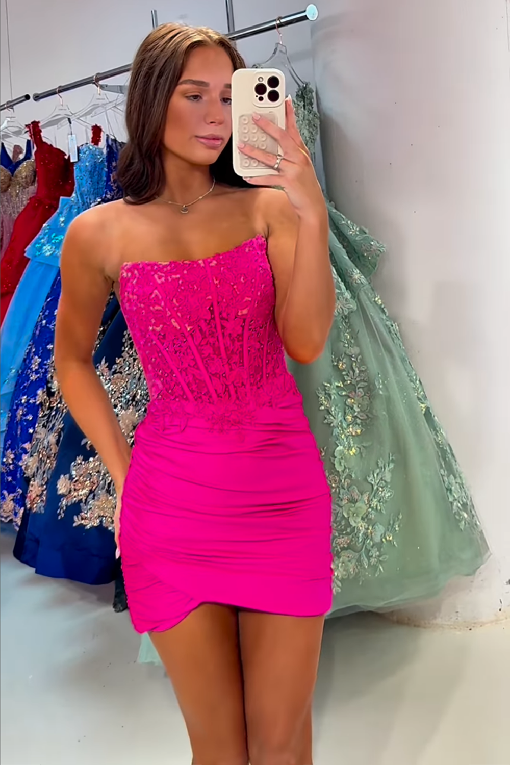 Fuchsia Satin Corset Tight Short Homecoming Dress with Lace