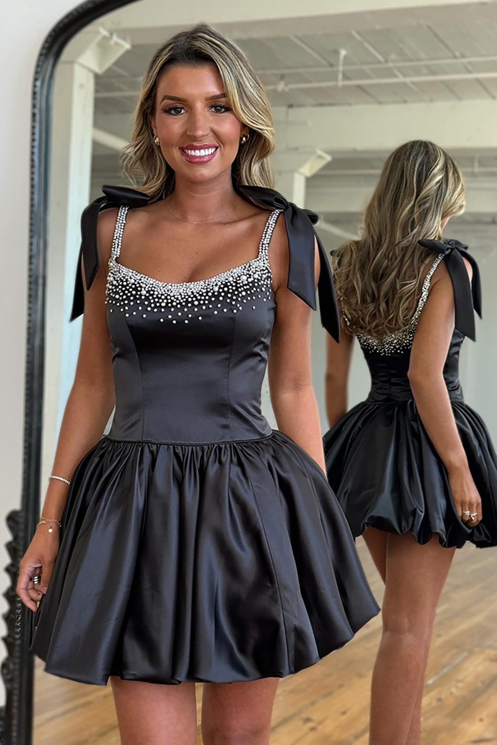 Sparkly Black Beaded A Line Short Homecoming Dress with Bow