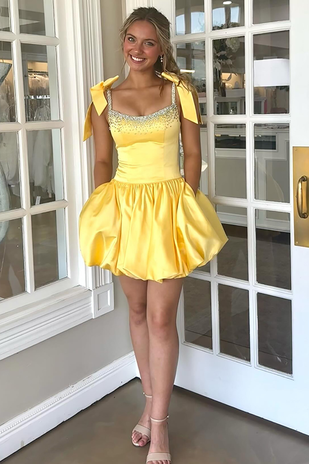 Sparkly Blue Beaded A Line Short Homecoming Dress with Bow