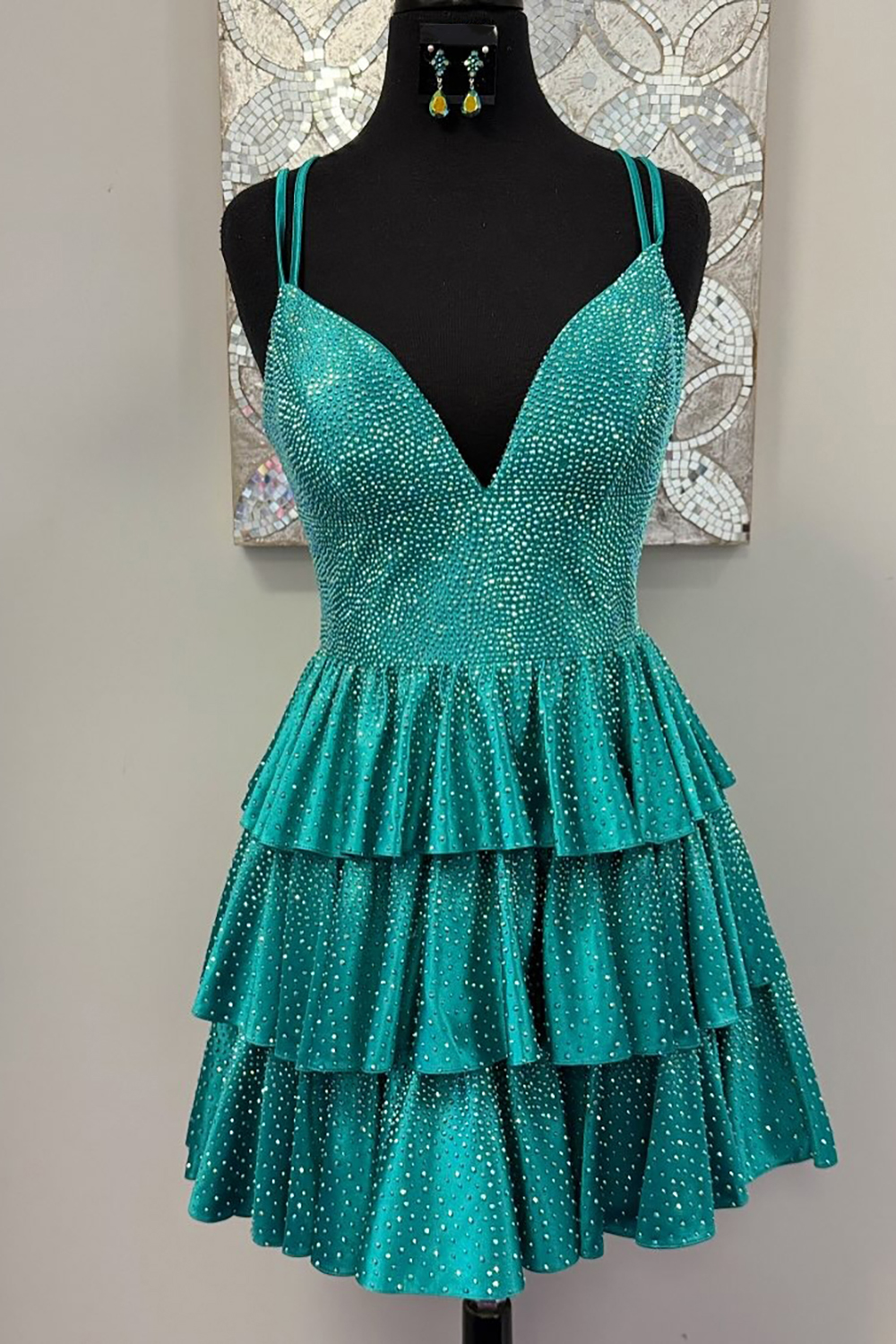 Sparkly Green Beaded Tiered Ruffled A Line Short Homecoming Dress