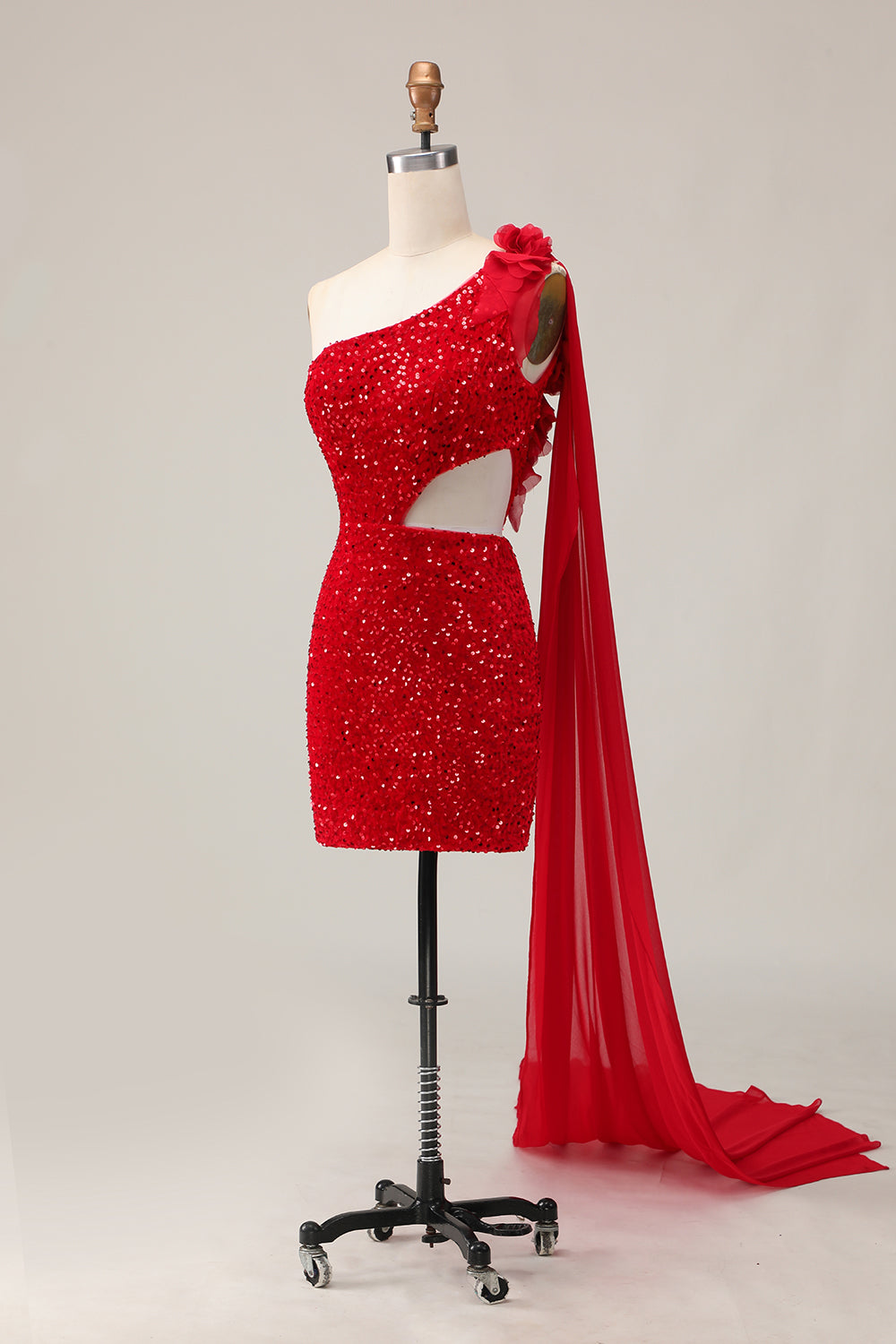 Sparkly Red Sequin One Shoulder Short Homecoming Dress with 3D Flowers