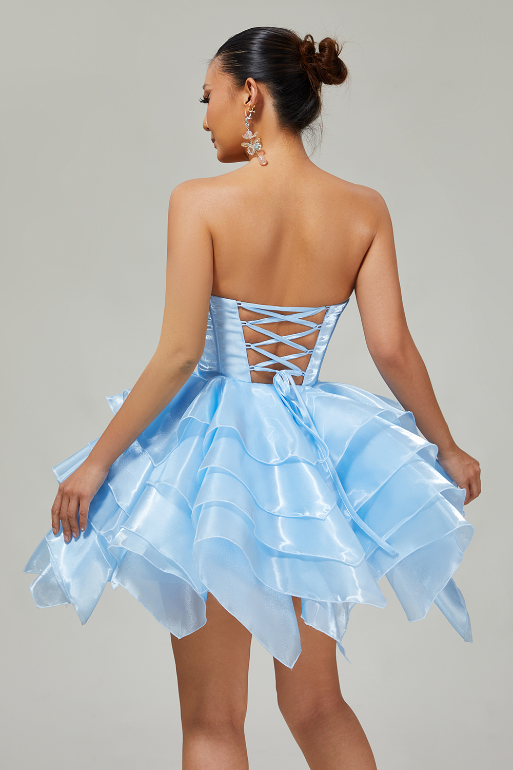 Blue A Line Strapless Short Corset Homecoming Dress with Ruffles