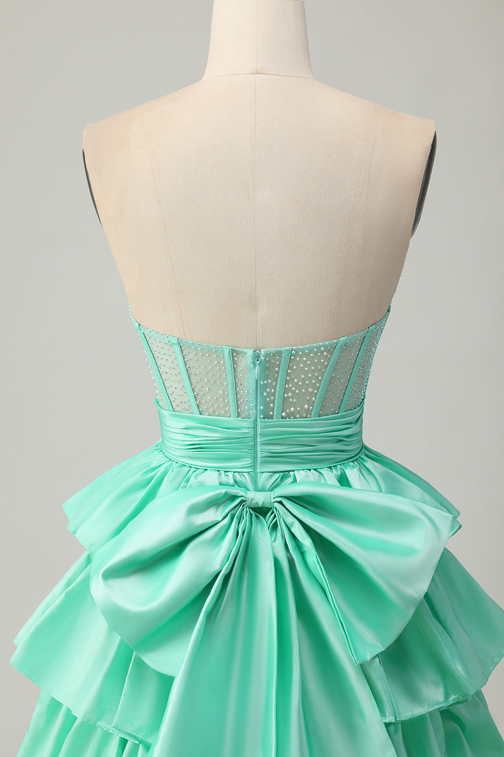 Sparkly Green Ruffled Strapless Short Corset Homecoming Dress with Bow