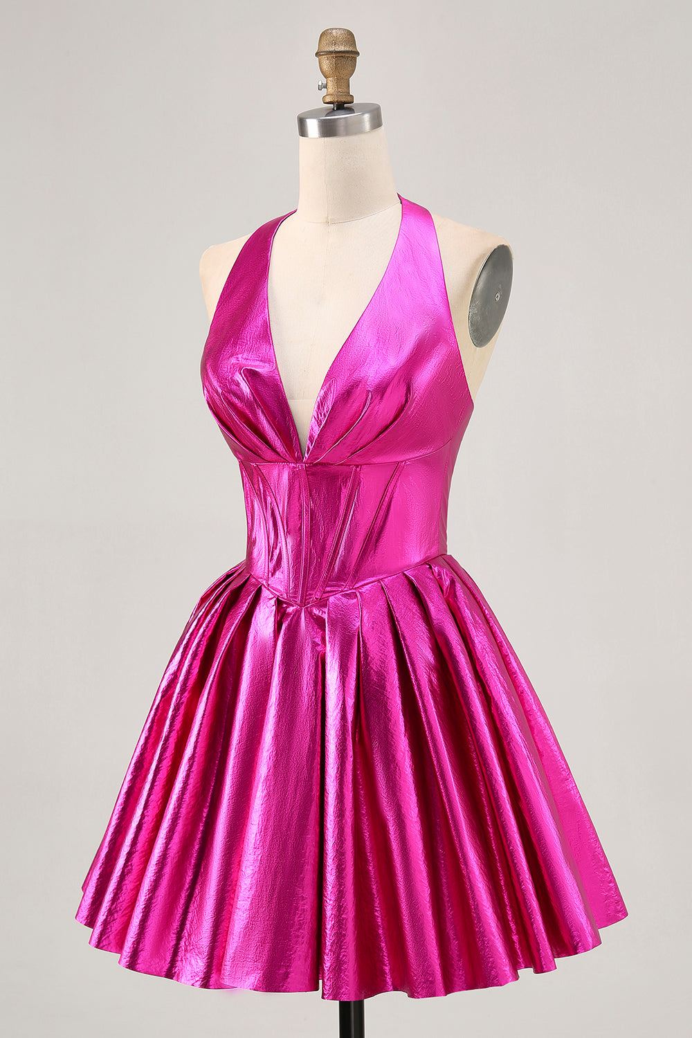 Fuchsia Metallic A Line Halter Short Corset Homecoming Dress