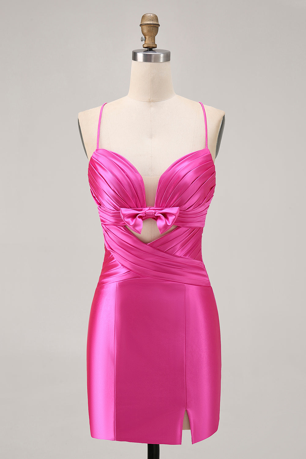 Fuchsia Satin Keyhole Short Tight Homecoming Dress with Bow