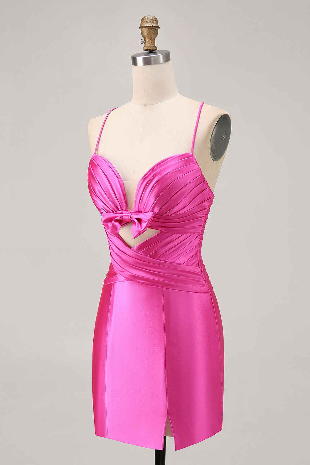 Fuchsia Satin Keyhole Short Tight Homecoming Dress with Bow