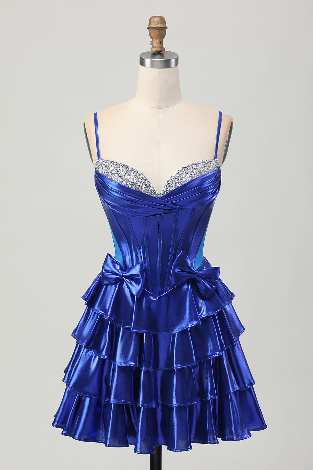 Sparkly Royal Blue Metallic Ruffled Short Corset Homecoming Dress with Bows