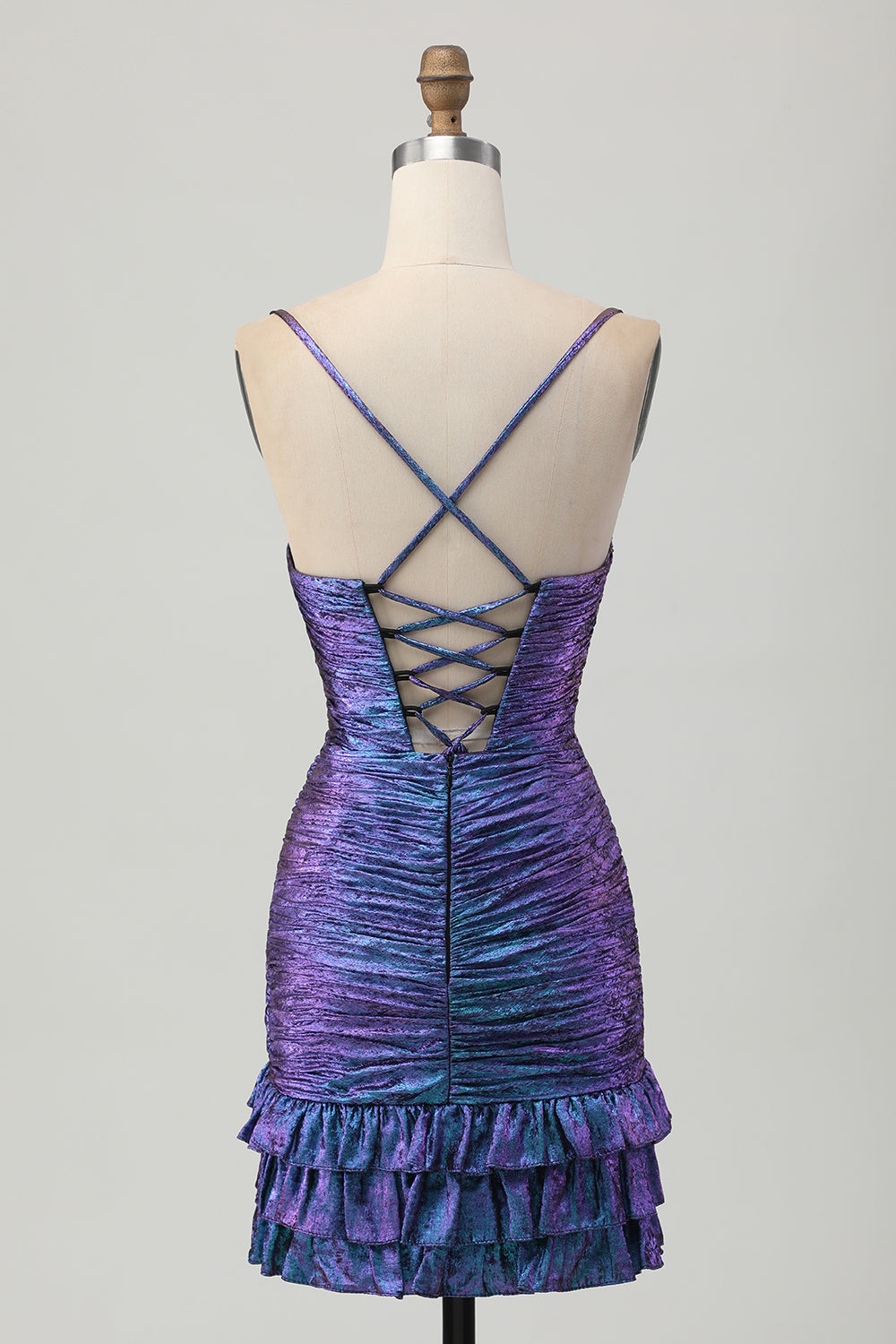 Sparkly Blue and Purple Floral Metallic Ruffled Short Tight Homecoming Dress