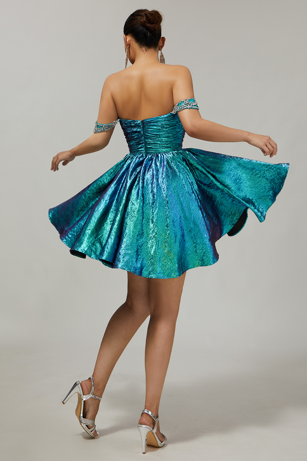 Sparkly Green A Line Off the Shoulder Metallic Short Homecoming Dress