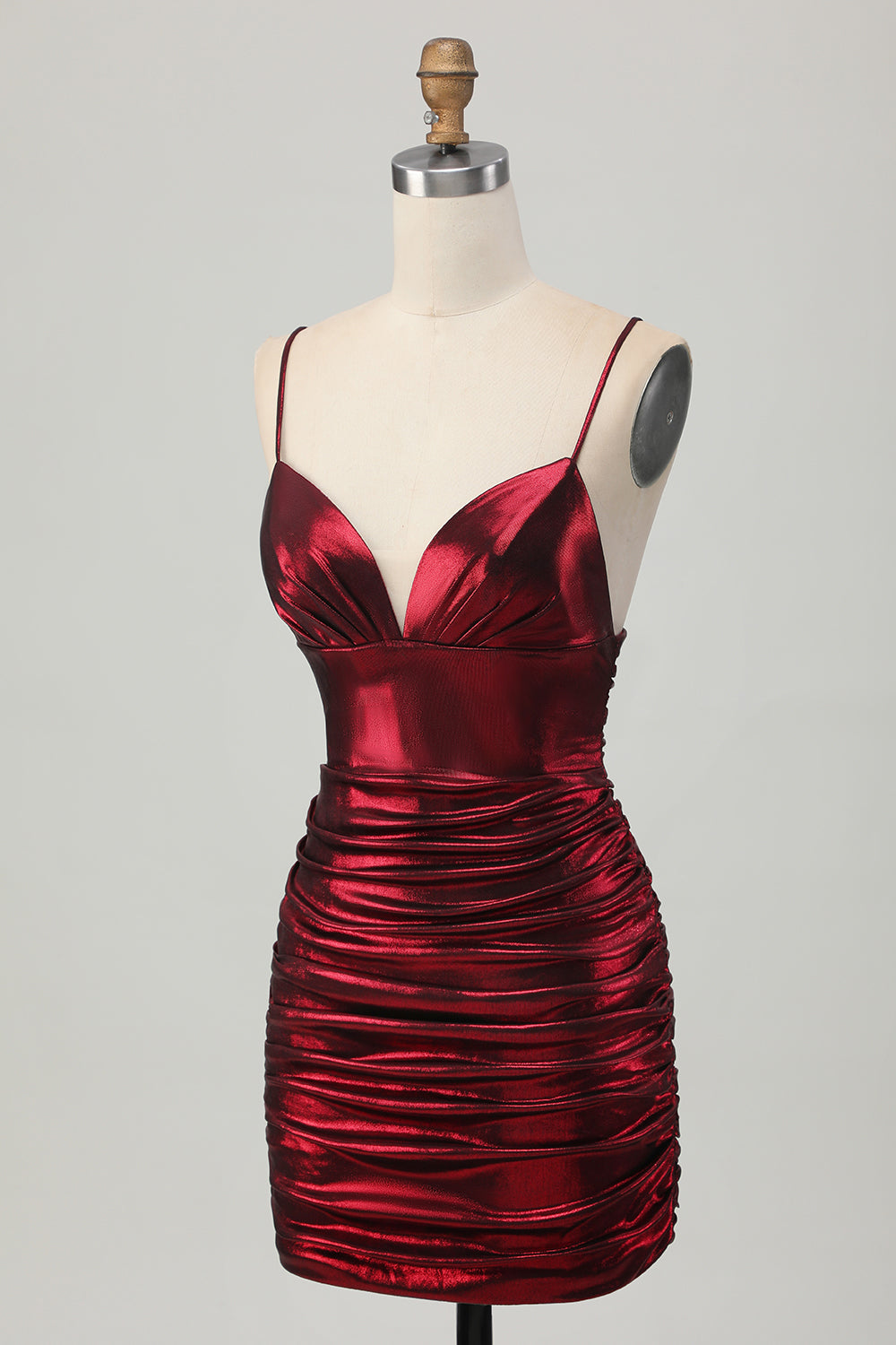 Burgundy Pleated Spaghetti Straps Metallic Short Tight Homecoming Dress