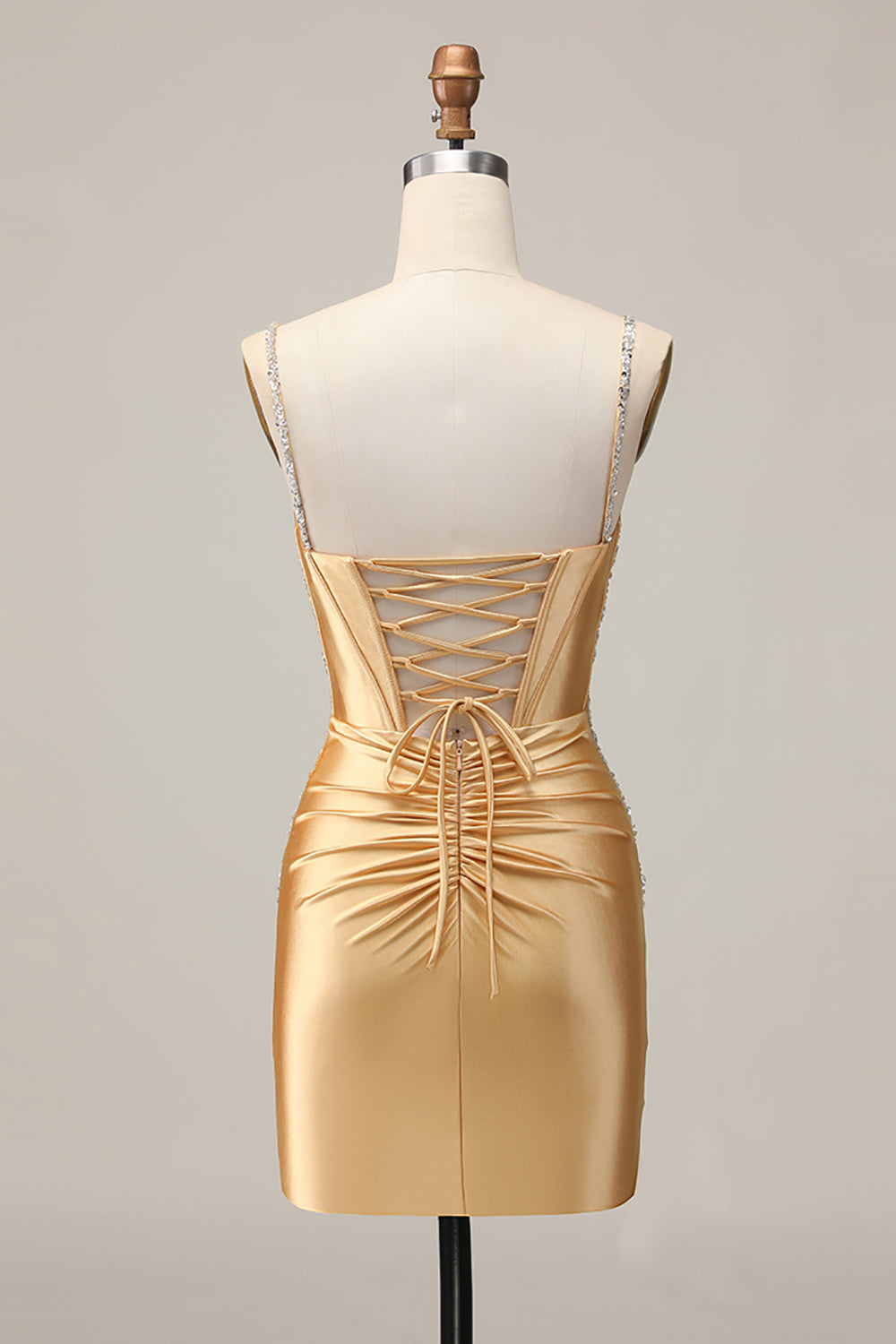 Sparkly Golden Satin Short Corset Tight Homecoming Dress with Beading
