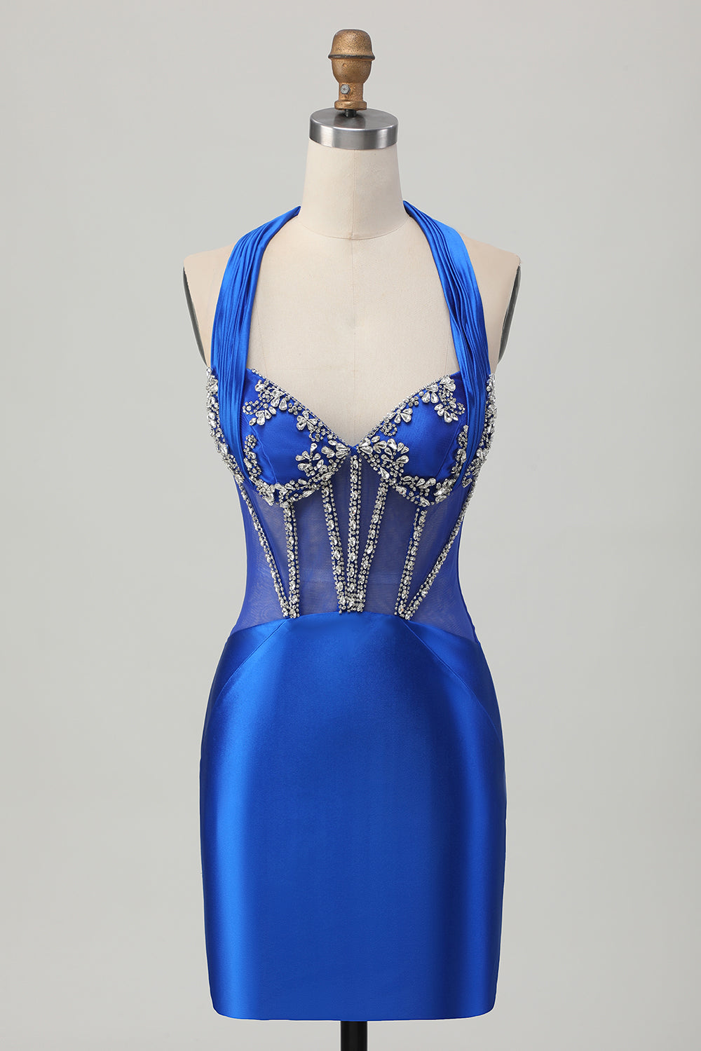 Sparkly Royal Blue Halter Tight Short Corset Homecoming Dress with Rhinestones