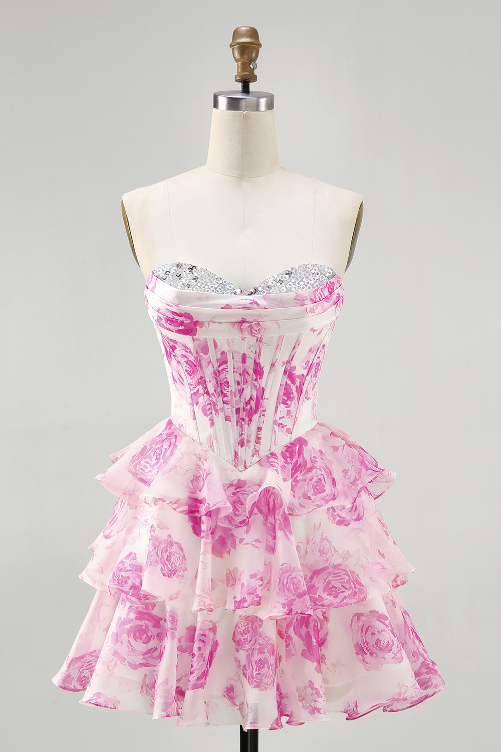 Homrain Women Sparkly Fuchsia Floral Short Corset Homecoming Dress Ruffled Sweetheart A Line Tiered Ruched Cocktail Dress with Sequins