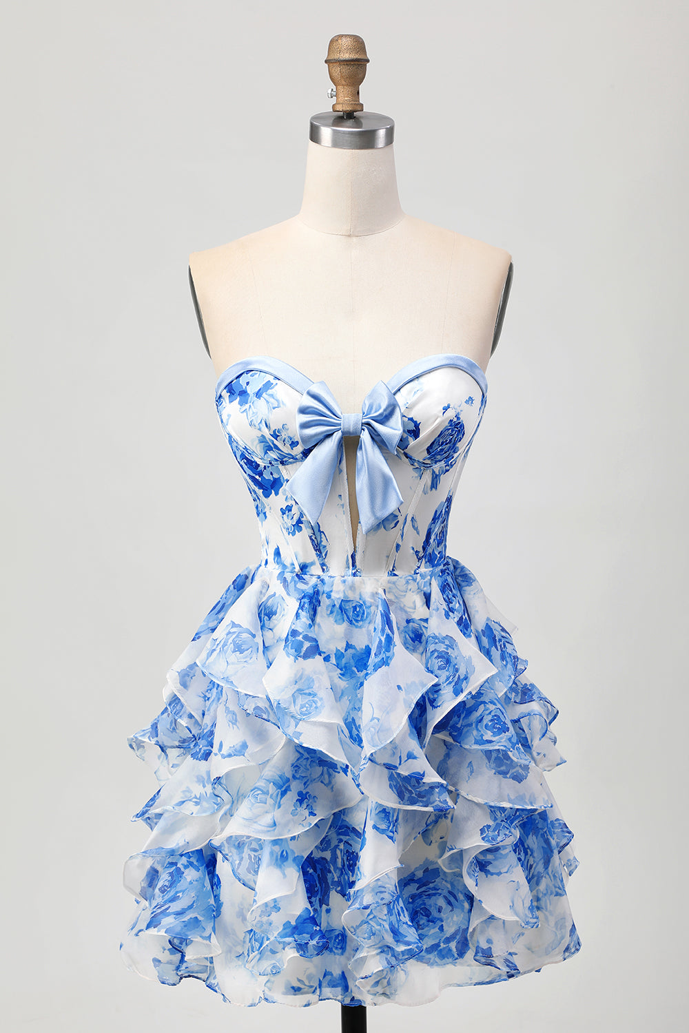 White and Blue Floral Ruffled Short Corset Homecoming Dress with Bow