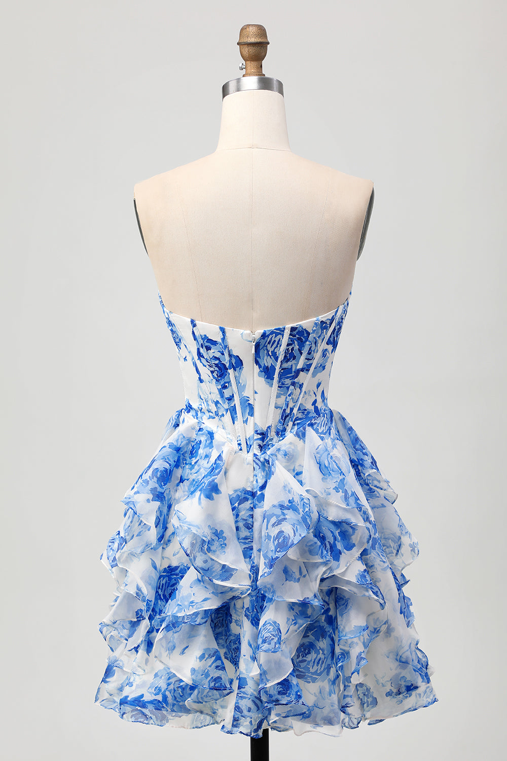 White and Blue Floral Ruffled Short Corset Homecoming Dress with Bow