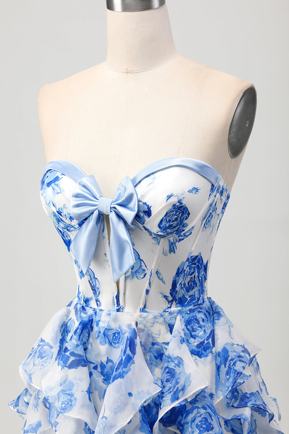 White and Blue Floral Ruffled Short Corset Homecoming Dress with Bow
