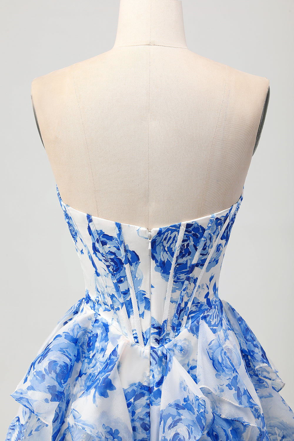 White and Blue Floral Ruffled Short Corset Homecoming Dress with Bow