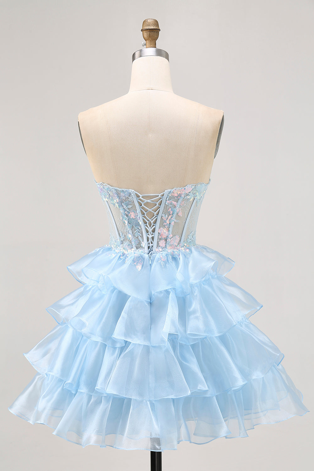 Sparkly Blue A Line Ruffled Short Corset Homecoming Dress with Lace