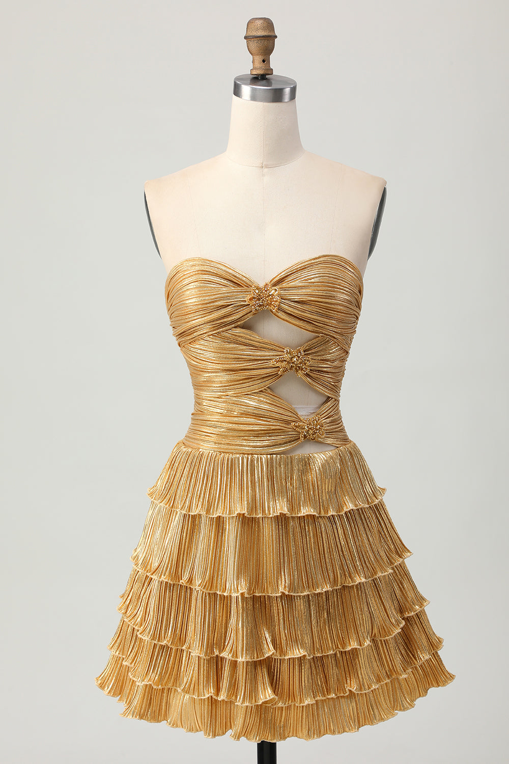 Sparkly Golden Floral Ruffled Metallic Short Homecoming Dress with Keyholes