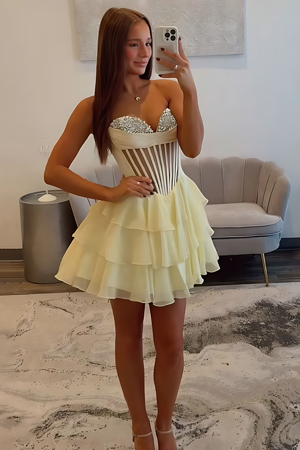 Sparkly Fuchsia Ruffled Sweetheart Short Corset Homecoming Dress with Beading