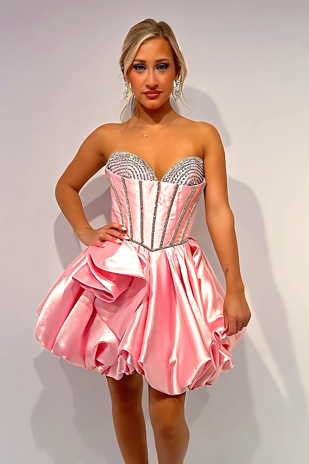 Sparkly Pink A Line Satin Short Corset Homecoming Dress with Rhiestones
