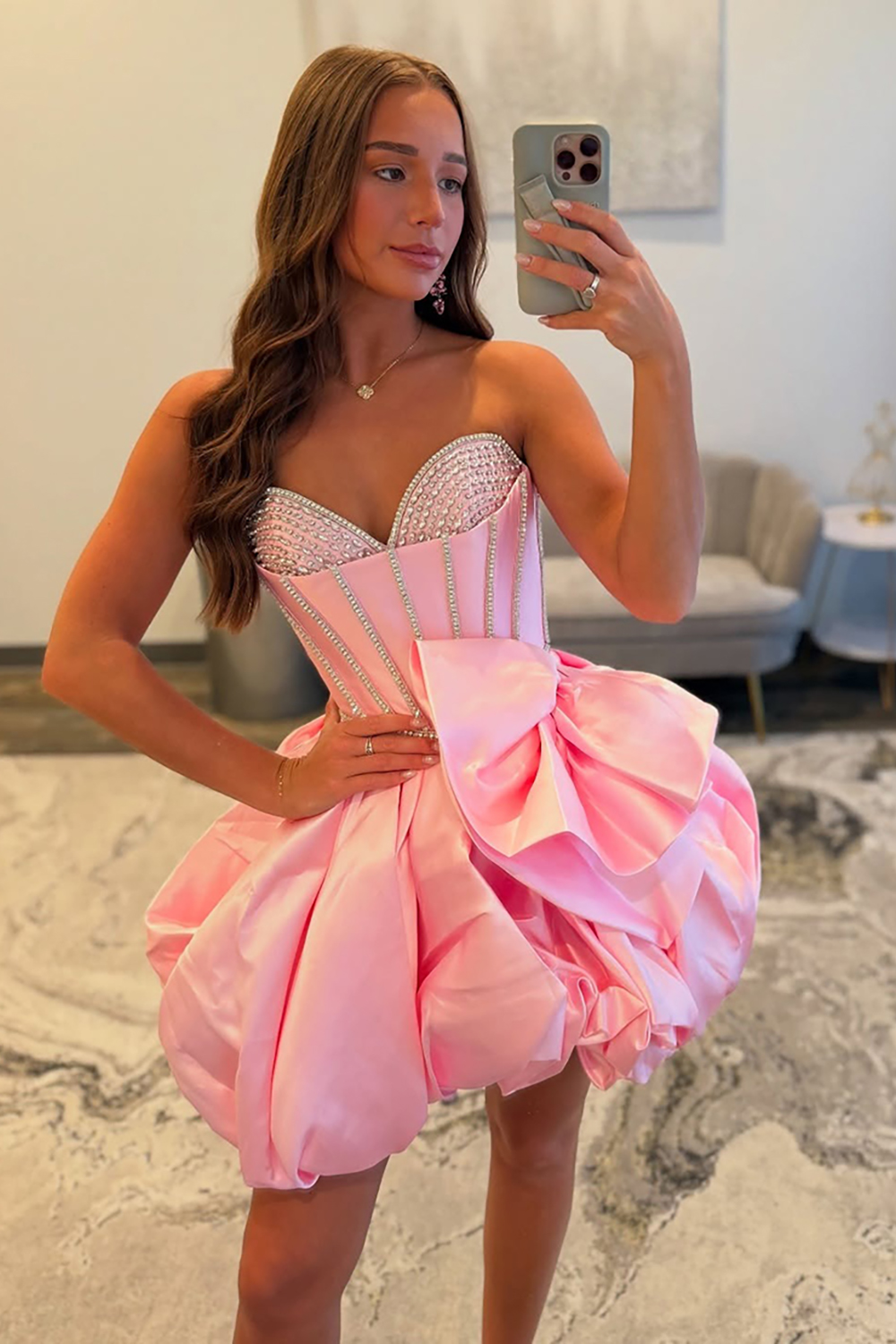 Sparkly Pink Strapless A Line Short Corset Homecoming Dress with Rhinestone