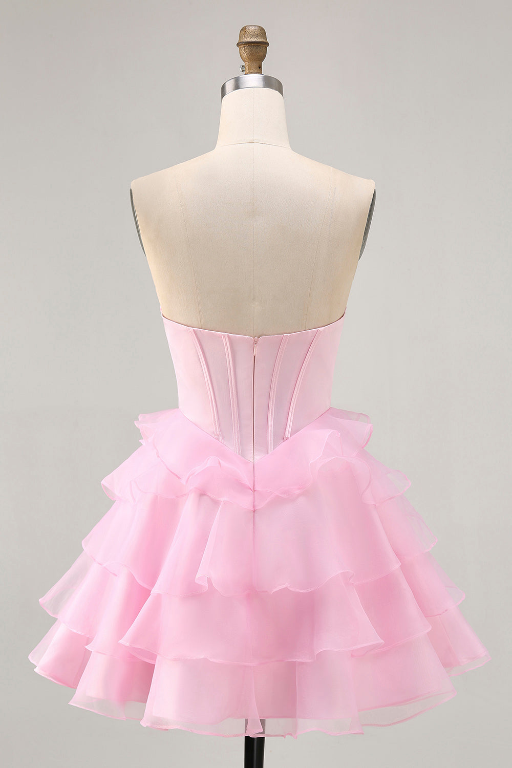 Sparkly Pink Ruffled Short Corset Homecoming Dress with Beading