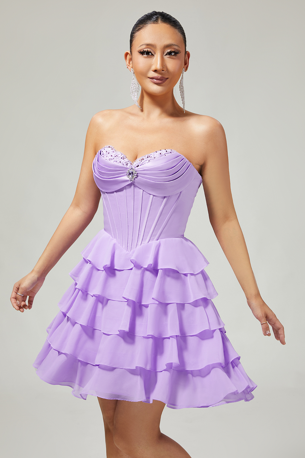 Sparkly Blush Tiered Sweetheart Short Corset Homecoming Dress with Ruffles