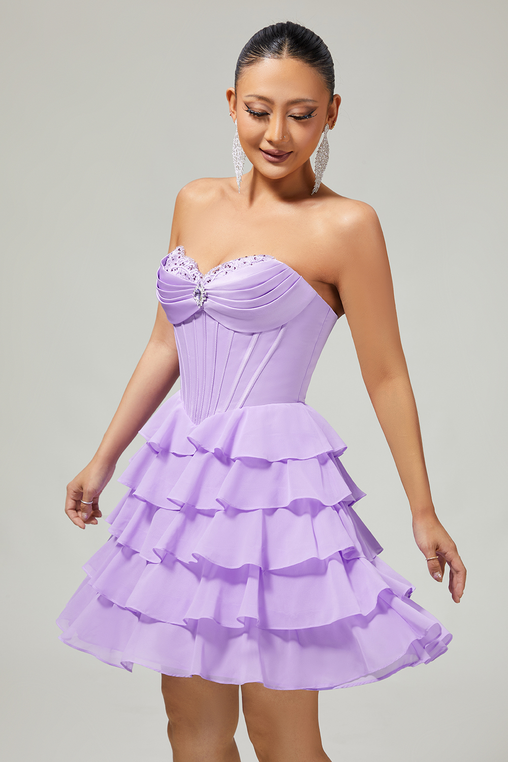 Sparkly Blush Tiered Sweetheart Short Corset Homecoming Dress with Ruffles