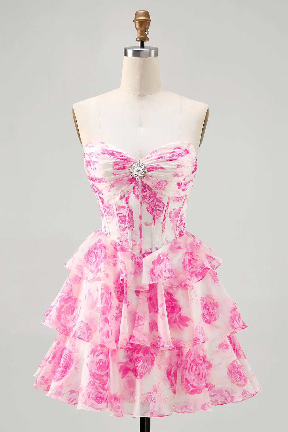 Sparkly Fuchsia Floral Ruffled Tiered Short Corset Homecoming Dress with Rhinestones
