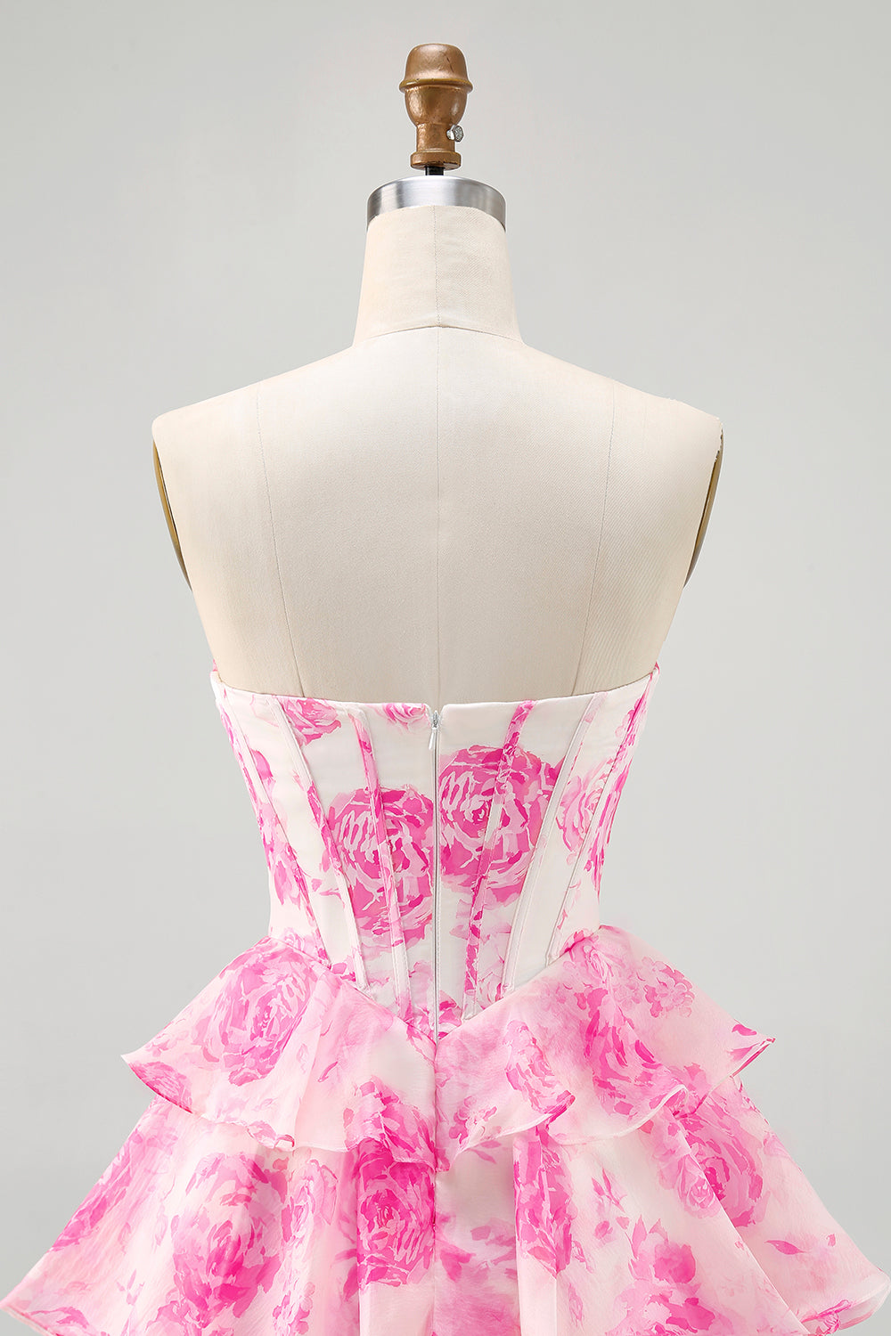 Sparkly Fuchsia Floral Ruffled Tiered Short Corset Homecoming Dress with Rhinestones