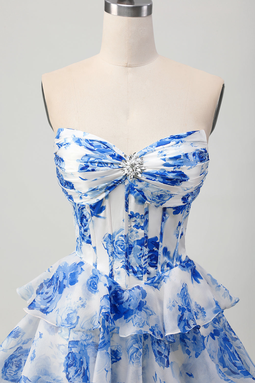 Sparkly White and Blue Floral Short Corset Homecoming Dress with Rhinestones