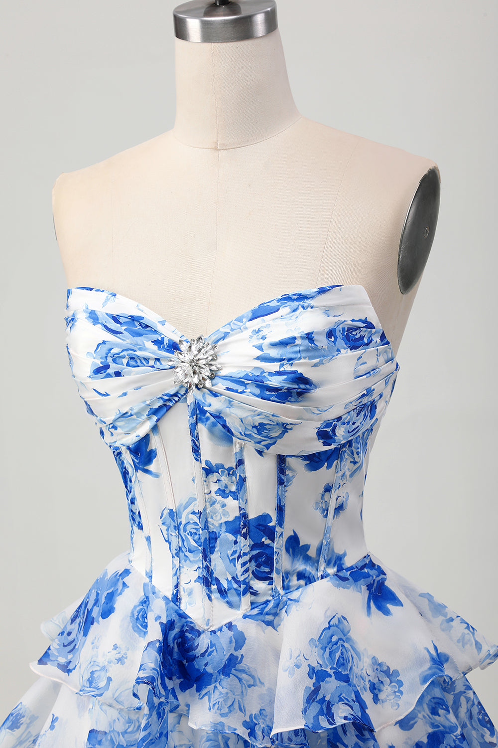 Sparkly White and Blue Floral Short Corset Homecoming Dress with Rhinestones