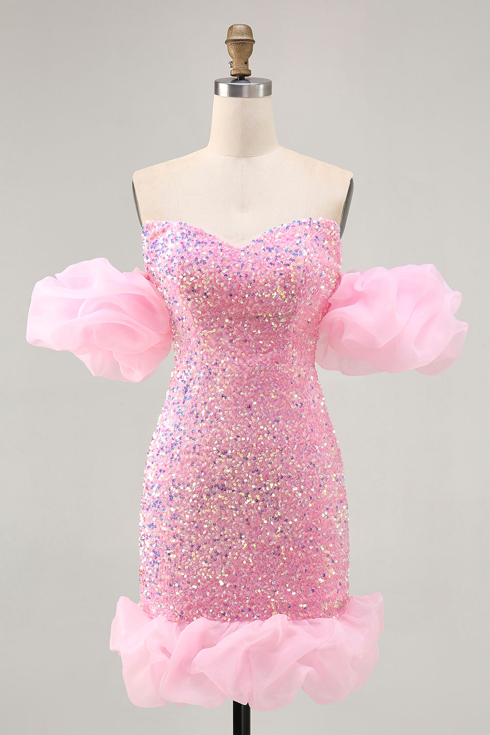 Sparkly Pink Sequins Detachable Puff Sleeves Short Tight Homecoming Dress