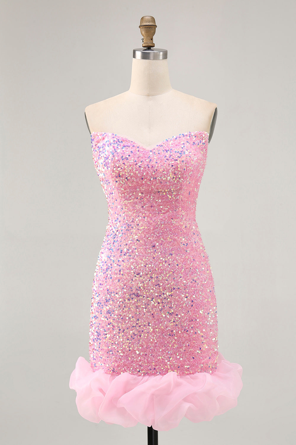Sparkly Pink Sequins Detachable Puff Sleeves Short Tight Homecoming Dress