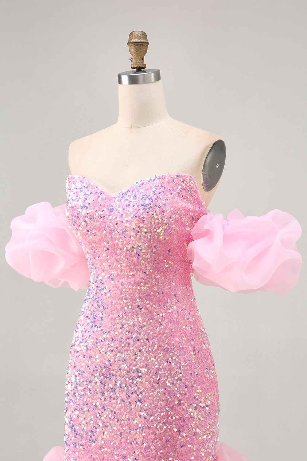 Sparkly Pink Sequins Detachable Puff Sleeves Short Tight Homecoming Dress