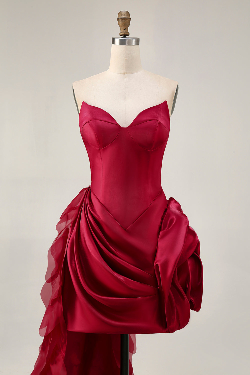 Burgundy Floral Satin Short Tight Homecoming Dress with Side Cape