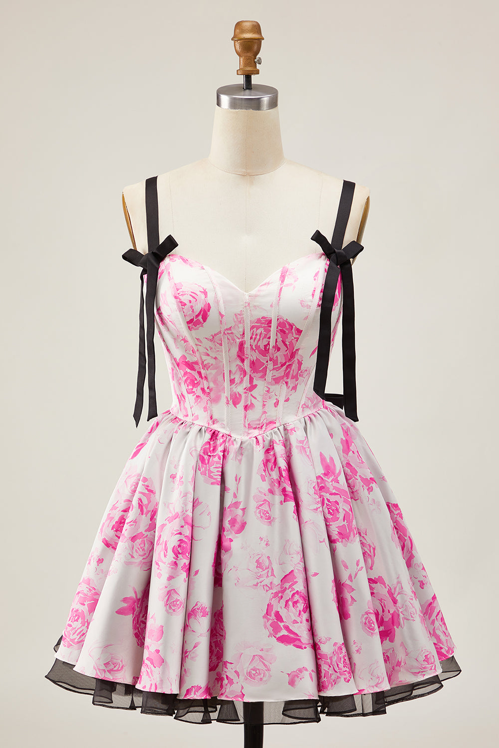 White Fuchsia A Line Floral Short Corset Homecoming Dress with Bow
