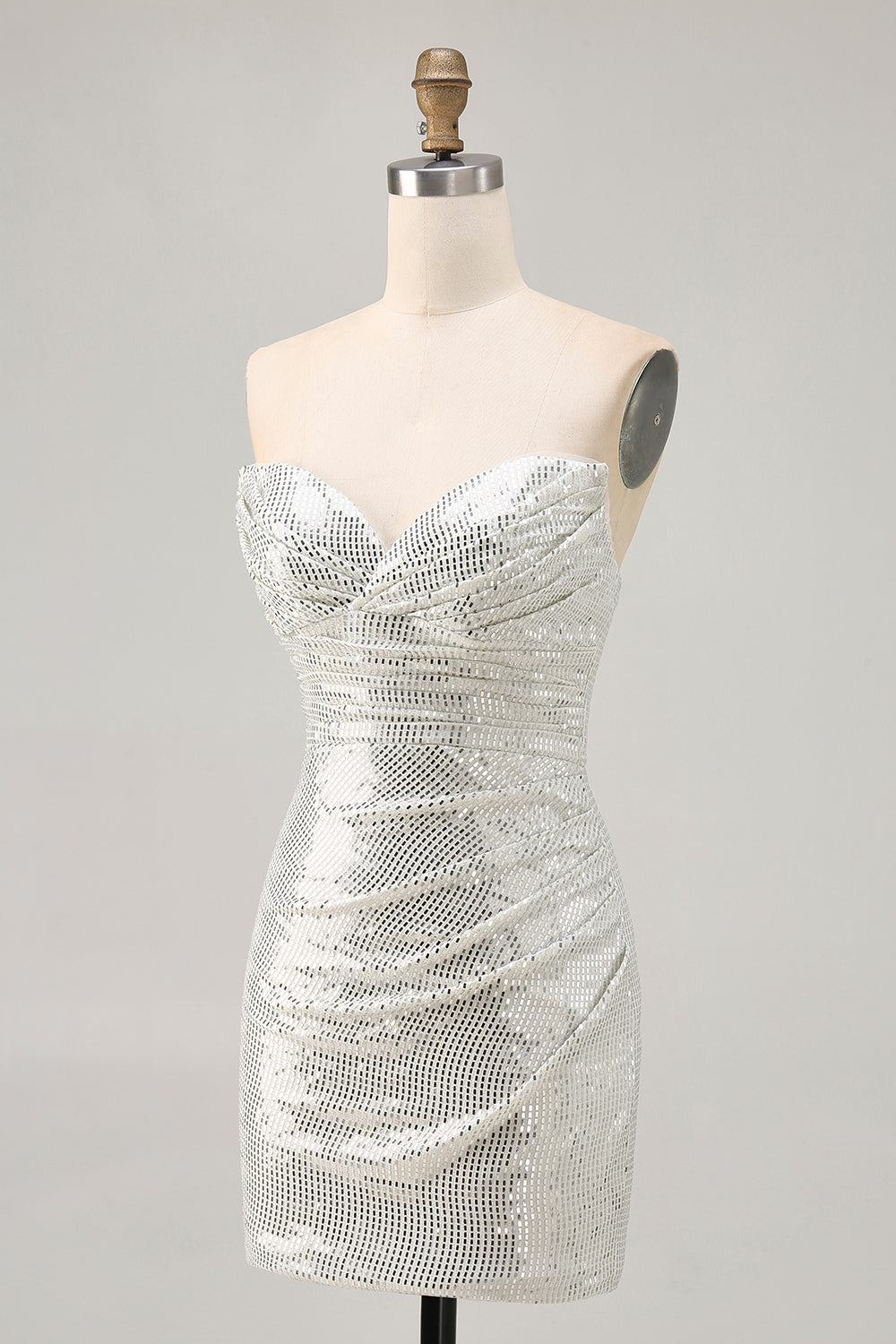 Sparkly White Silver Strapless Ruched Sequin Tight Short Homecoming Dress