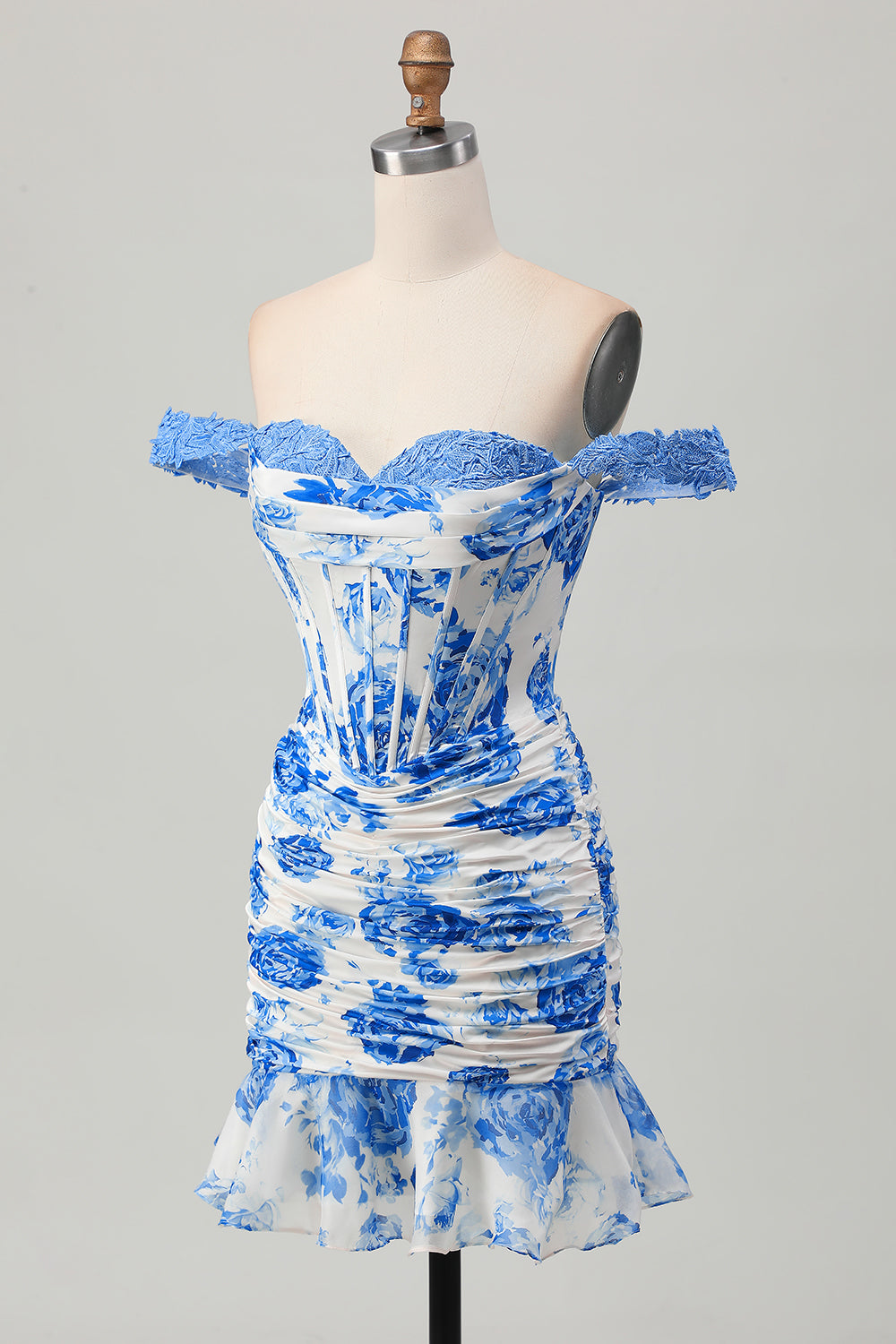 White and Blue Floral Tight Ruffled Short Corset Homecoming Dress with Appliques